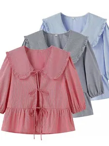Stylish Peter Pan collar gingham blouses in three colors with ruffles and ties
