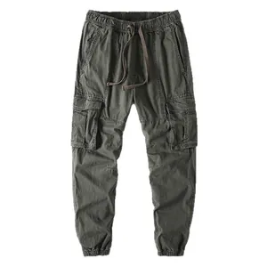 Men's retro olive green cargo jogger pants with drawstring waist and multi-pocket design
