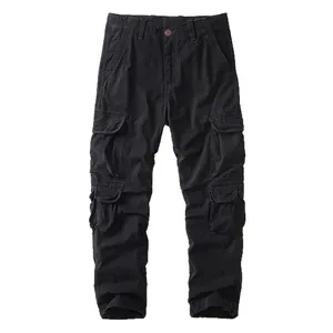 Amerikanische Retro-Cargohose für Herren aus schwarzer Baumwolle mit vielen Taschen und geradem Bein