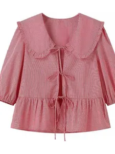 Red and white gingham blouse with doll collar and front tie-up bows for women