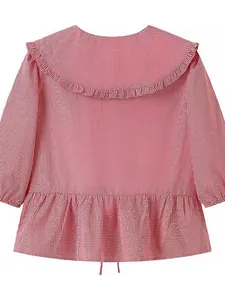 Red and white gingham blouse with large ruffled Peter Pan collar and peplum hem.