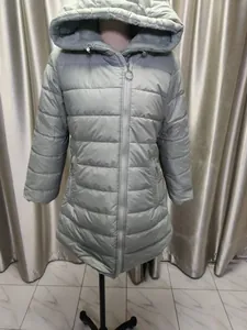 Mid-length warm hooded padded coat with fleece lining and zipper closure in grey