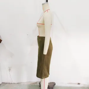 Detailed side view of an olive green suede midi skirt on a professional white mannequin