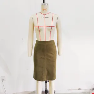 Front view of an olive green suede texture straight midi skirt on a professional mannequin