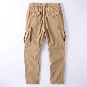 Vintage khaki cotton cargo pants for men with multi-pocket design, shown from back view