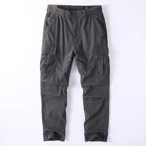 Men's retro cotton cargo pants with multiple pockets in loose straight fit charcoal