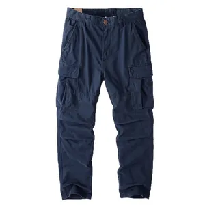 Men's navy blue vintage cotton cargo pants with multiple utility pockets in a loose straight fit