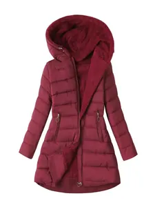 Detail of wine red mid-length hooded jacket with warm fleece lining and ring zipper