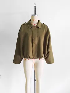 Fashionable olive green faux suede bomber jacket for women featuring a stylish collar