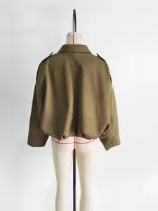 Back view of women's olive green suede texture bomber jacket with shoulder tabs