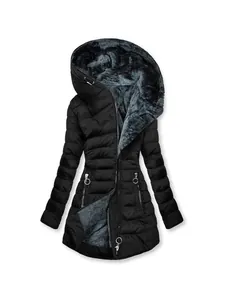 Women's black mid-length hooded winter parka with warm grey fleece lining and quilted design