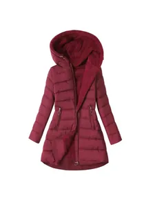 Burgundy women's hooded winter coat with warm fleece lining and puffer design