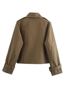 Back view of a stylish khaki short trench jacket for women with cuff strap details.