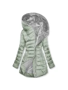 Hooded quilted winter coat for women with warm faux fur lining in elegant sage green finish