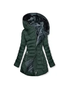 Women's dark green mid-length winter jacket with warm grey faux fur lining hood