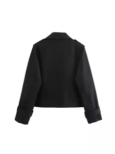Elegant women's short black trench coat jacket back view with stylish lapel collar