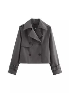 Elegant women's dark grey short trench coat jacket with double-breasted buttons