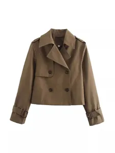 Stylish short women's khaki trench coat featuring a lapel collar and double-breasted buttons
