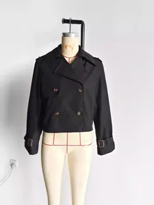Stylish women's short double-breasted trench coat with lapel and long sleeves in black.