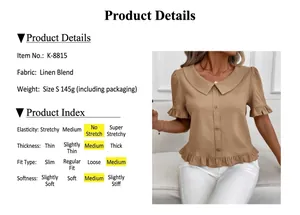 Detail of tan doll collar blouse with pleated ruffle sleeves and button-down front