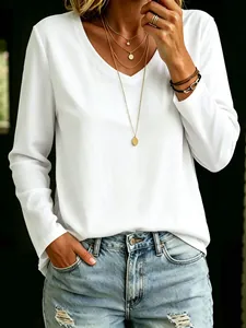 Close-up of a casual white V-neck long-sleeve T-shirt for women in soft fabric