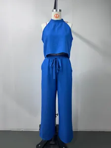 Blue sleeveless halter crop top and wide-leg trousers casual two-piece summer set
