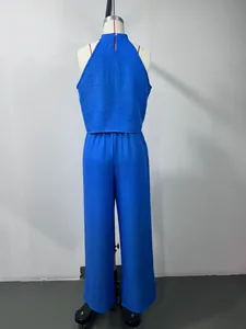 Rear view of blue halter neck sleeveless top and wide leg pants casual set