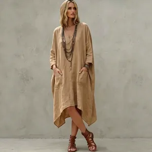 Bohemian v-neck cotton linen irregular midi dress with large pockets and jewelry details