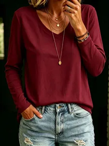 Casual women's burgundy V-neck long-sleeve T-shirt with soft breathable fabric texture