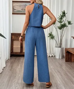 Back view of blue halter crop top and wide-leg trousers casual summer two-piece set