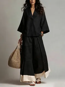 Elegante conjunto de camisa de lino negro con cuello en V y pantalones anchos mujer moda