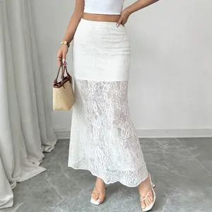 Close-up detail of a white high-waisted lace hollow-out bodycon skirt for women