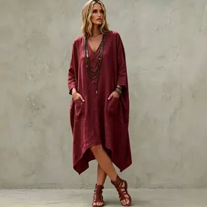 Bohemian burgundy linen-cotton V-neck dress with 3/4 sleeves and asymmetric hem detail