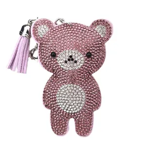 Portachiavi a forma di orsetto con strass rosa e nappa viola per decorare borse