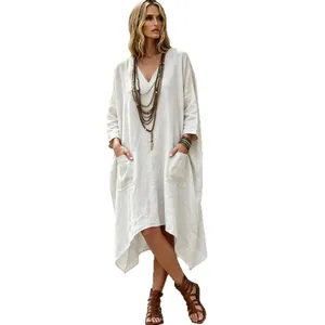 Casual V-neck cotton linen three-quarter sleeve asymmetrical midi dress for women