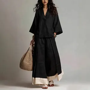 Elegante conjunto francés de camisa de algodón lino con cuello en V y pantalón ancho negro