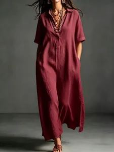 Detailed view of an elegant maroon cotton linen maxi dress with a collared neck.
