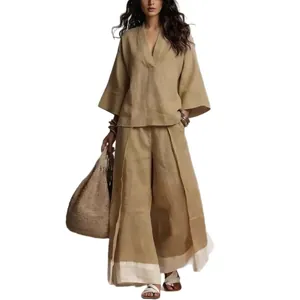 Elegante conjunto de dos piezas con camisa de lino con cuello en V y pantalón ancho para mujer