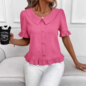 Women Peter Pan Collar Ruffle Blouse Pleated Short Sleeve Button Down Shirt Solid Color Gentle Style Casual Summer Top