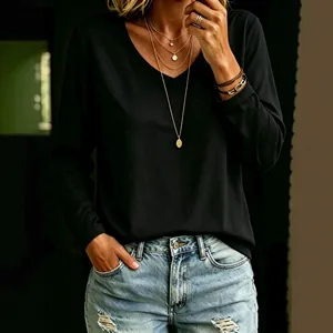 Minimalist women's black V-neck long sleeve T-shirt with a loose and relaxed fit