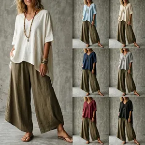 Women's Retro V Neck Cotton Linen Tunic Top Casual Loose Half Sleeve Blouse Summer Vacation Bohemian Style Pullover Shirt