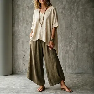 Loose linen V-neck blouse and wide-leg pants set for bohemian summer vacation style