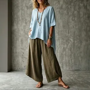Elegant women's V-neck loose linen blouse with olive green wide-leg pants summer set