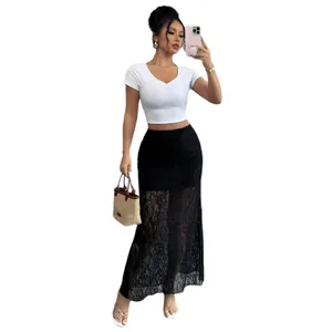 Fashionable high-waisted black lace sheer bodycon midi skirt for women on white background