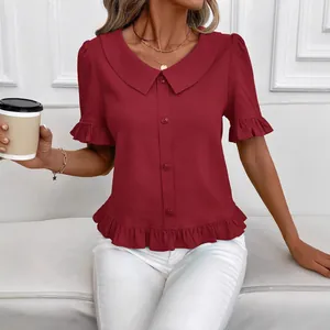 Elegant wine red short sleeve blouse with Peter Pan collar and ruffled hem details