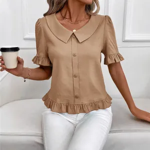 Elegant tan pleated blouse with Peter Pan collar and ruffled short sleeves for women