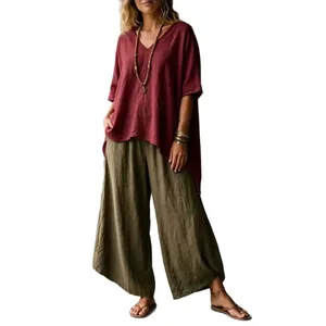 Women's boho casual loose V-neck blouse and wide leg trousers summer beach set