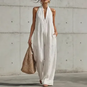 Women Elegant V Neck Halter Sleeveless Cotton Linen Jumpsuit Casual Loose Wide Leg Jumpsuit With Pockets Summer Romper