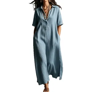 Elegant light blue cotton linen maxi dress with short sleeves and lapel collar.
