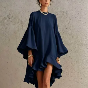 Elegant navy blue asymmetric dress featuring oversized flare sleeves and ruffle hem